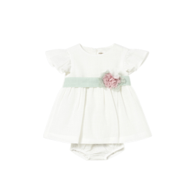 Vestido con cubrepañal y fajín floral ceremonia recién nacida